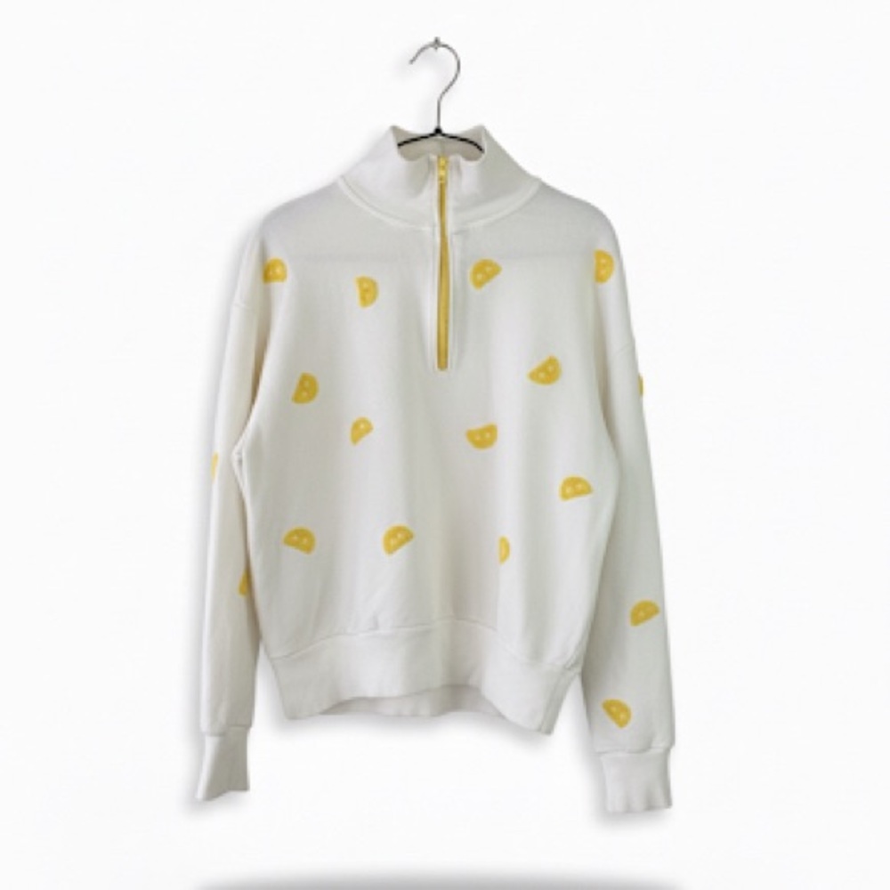 Lou & Grey White Lemon Embroidered Quarter Zip Sweatshirt Pullover Small Preppy